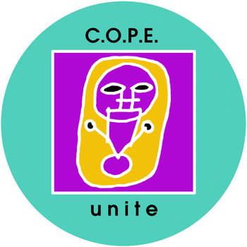 A button design for C.O.P.E. A blue-green circle with a purple square at center. Inside is a yellow shape with two basic intertwined human forms.