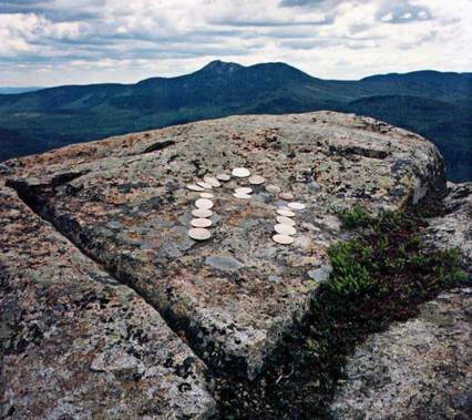 An environmental installation on top of South Moat Mountain in NH, showing 20 sand dollars arranged in a home symbol.