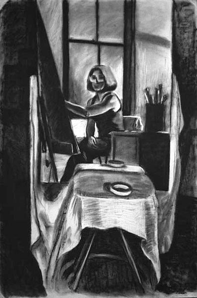 Charcoal drawn self portrait showing the mirror and the chair it is propped on, therefore making the space conceptual.