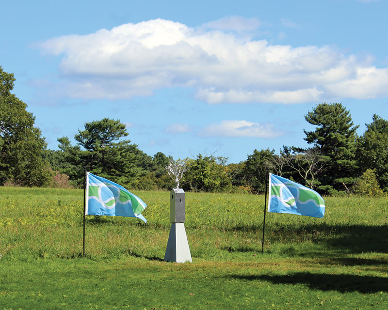 Photo by Lynne Havighurst showing silvery Symbiotic steel sculpture flanked by two Earth flags. In a green field with trees in the background and blue sky with white clouds above.