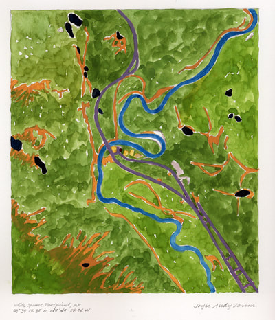 Aerial view showing green landscape with a snaking river, a road, and hiking paths in Denali National Park, Alaska. A dot shows the site of the white spruce tree the pattern was made from. 